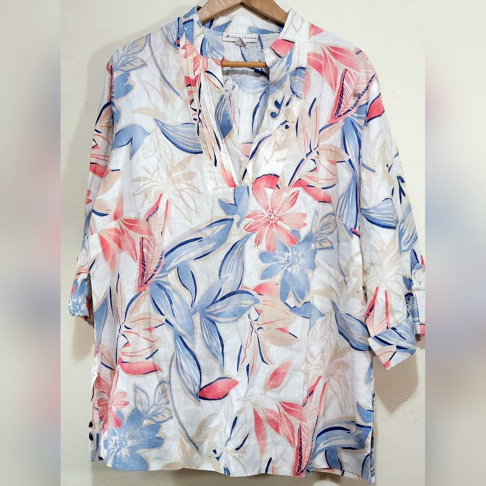 14w Plus Size JM Collection   Pintuck Linen Floral Print Top Sz 14w Like New